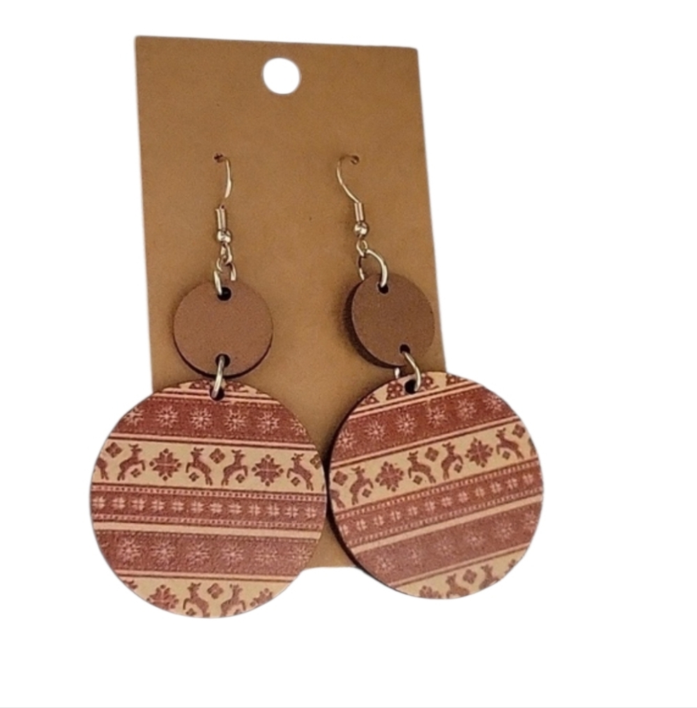 Handmade 3in dangle wooden circle Christmas, winter, red & Cream double sided